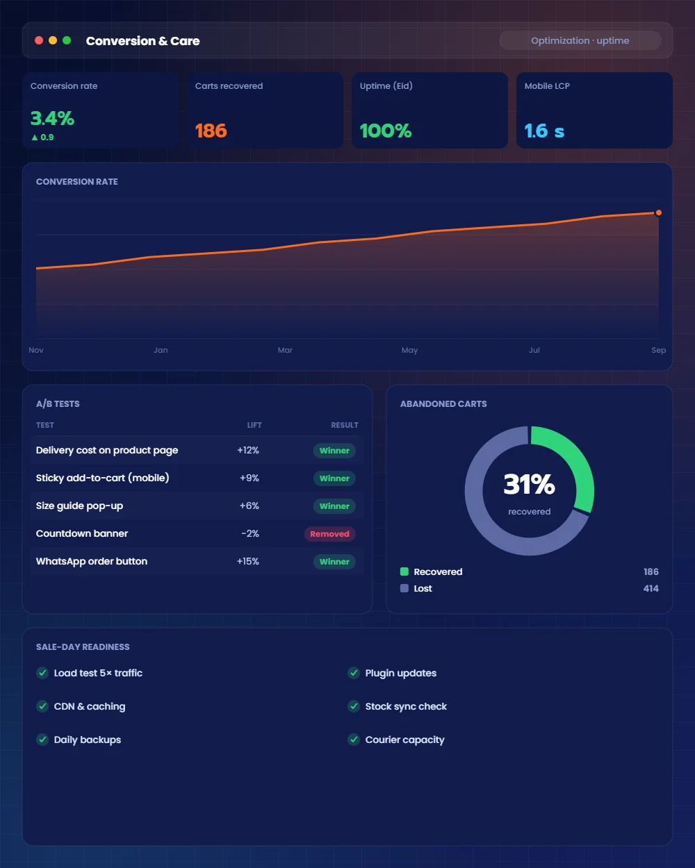 Online store speed, conversion and maintenance